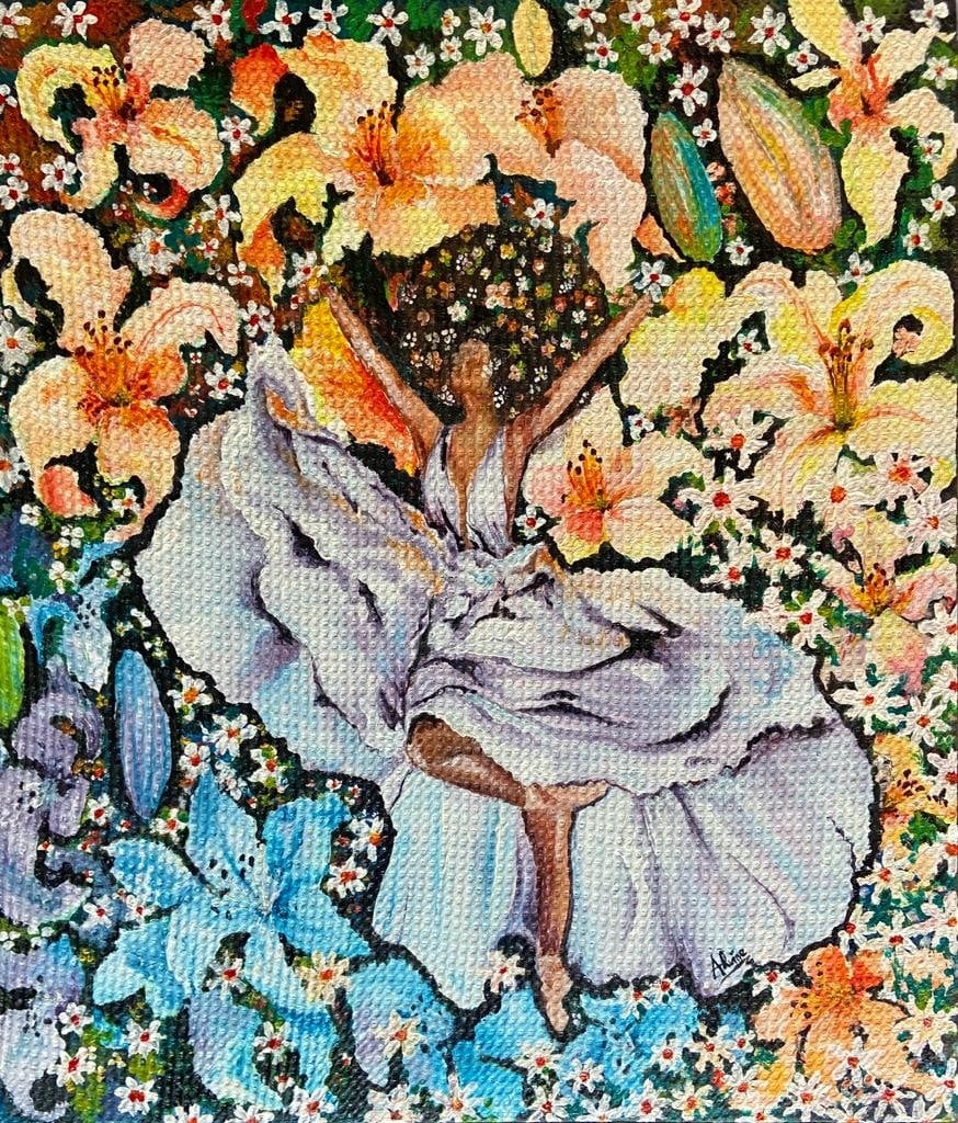 Painted figure surrounded by colourful flowers